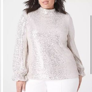 Classic Blouson-Sleeve Mock Neck Party Blouse